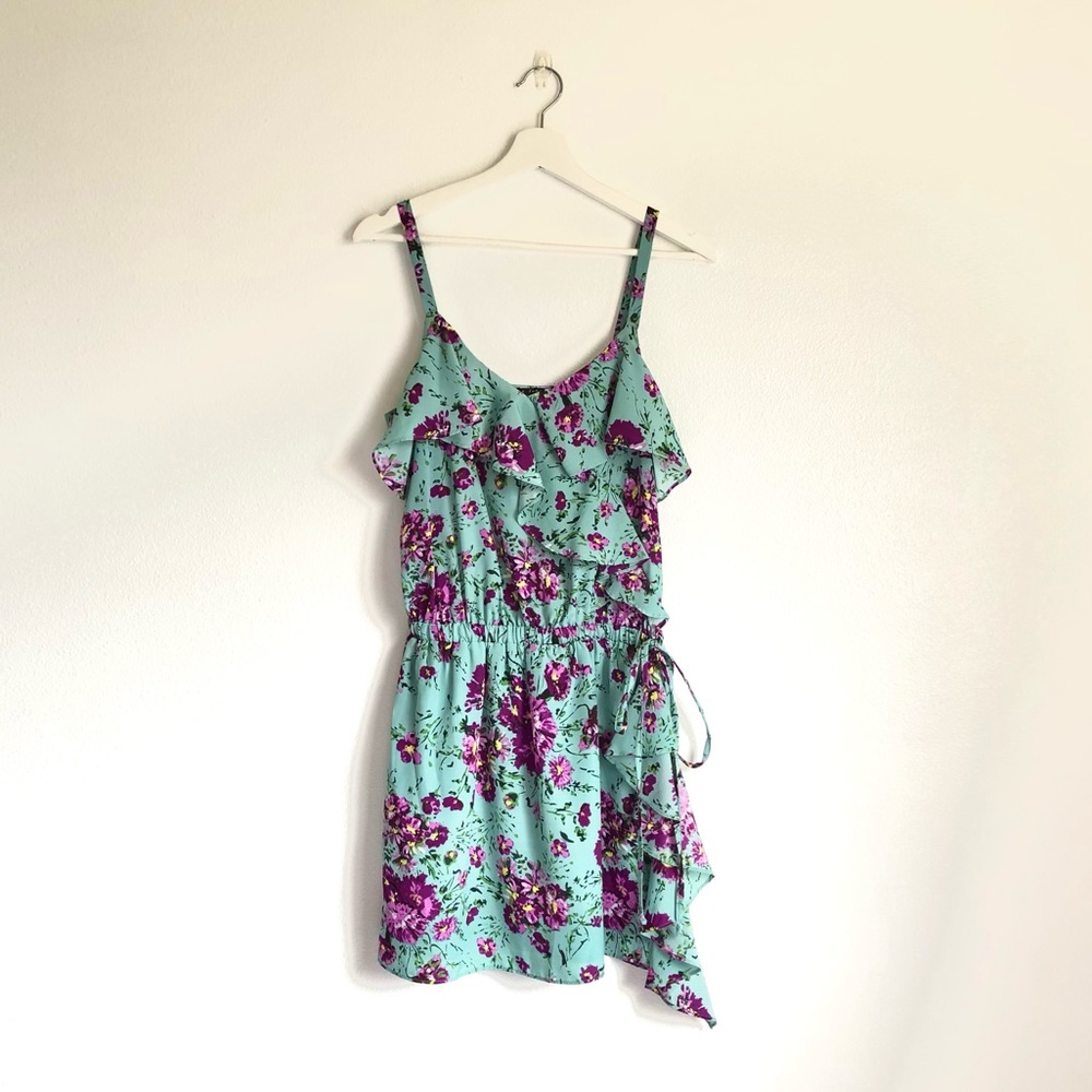 Pure Sugar Mint Blue / Purple Floral Ruffle Waist Tie Dress Size Small